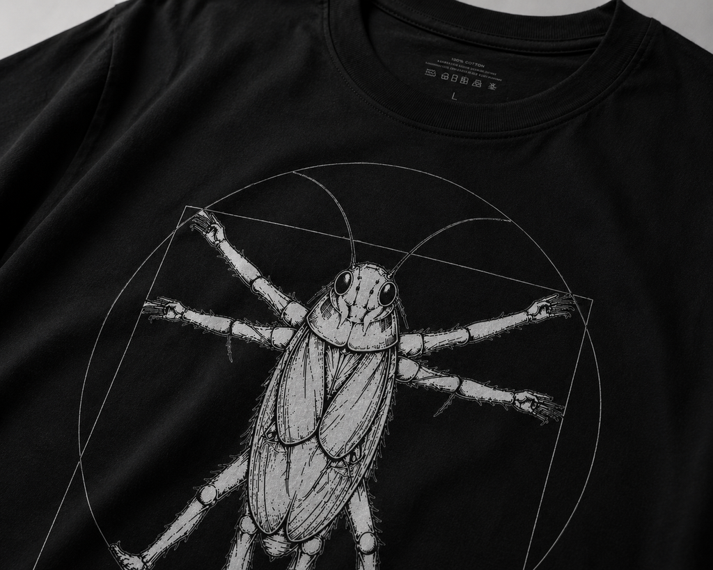 The Vitruvian ( Black ) black oversized tee close-up — Cockroach Lives Matter